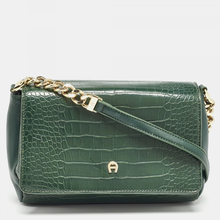 Pre Owned Aigner Green Croc Embossed Leather Logo Flap Shoulder Bag