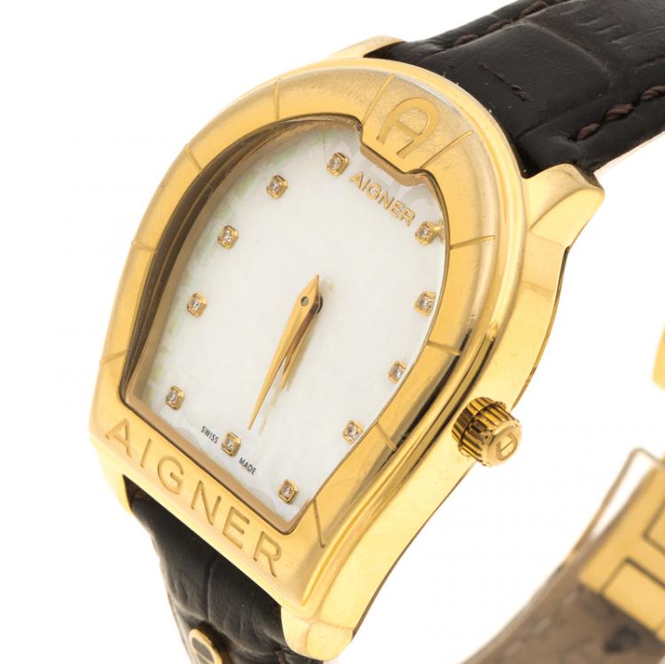 Pre Owned Aigner Mother of Pearl Gold Plated Stainless Steel Verona Women's Wristwatch 34 mm