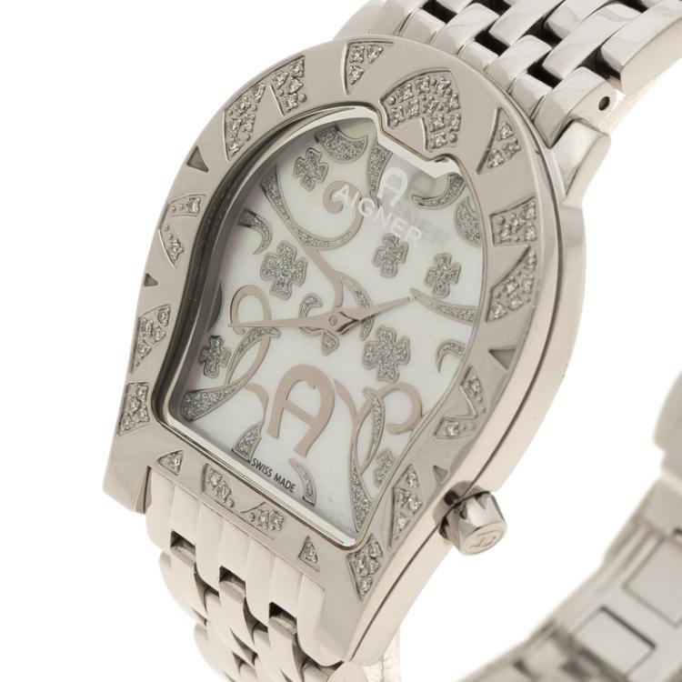 مملوكة مسبقًا Aigner Verona Mother of Pearl Diamond Stainless Steel Women's Wristwatch 33 mm