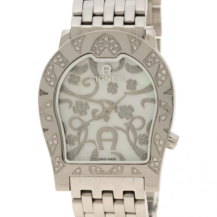 مملوكة مسبقًا Aigner Verona Mother of Pearl Diamond Stainless Steel Women's Wristwatch 33 mm