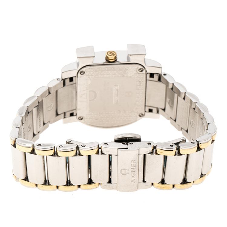 Pre Owned Aigner White Mother of Pearl Stainless Steel and Diamonds Genua Due A31600 Women's Wristwatch 31 mm