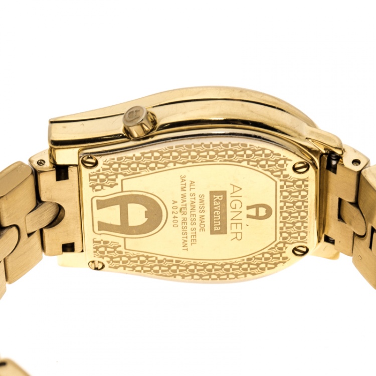 Pre Owned Aigner Yellow Mother of Pearl Gold Plated Steel and Diamonds Ravenna A02400 Women's Wristwatch 30 mm