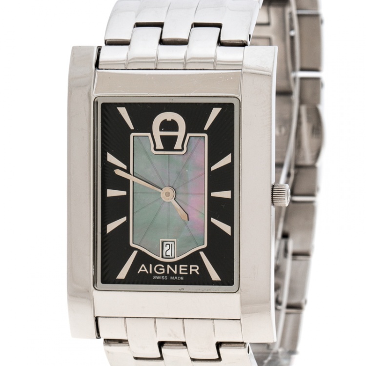 Pre Owned Aigner Black Mother of Pearl Stainless Steel BNIB A32122 Women's Wristwatch 28 mm