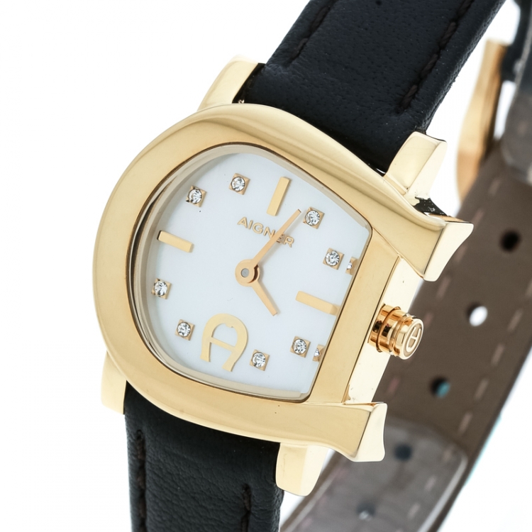 Pre Owned Aigner White Mother of Pearl Gold Plated Stainless Steel Genua Due A31000 Women's Wristwatch 27 mm