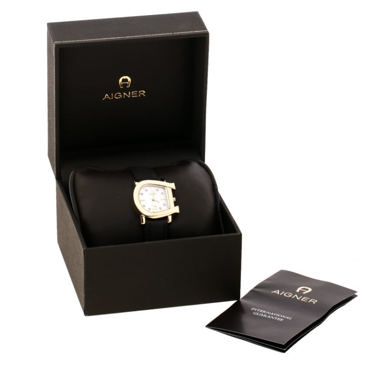 Pre Owned Aigner White Mother of Pearl Gold Plated Stainless Steel Genua Due A31000 Women's Wristwatch 27 mm