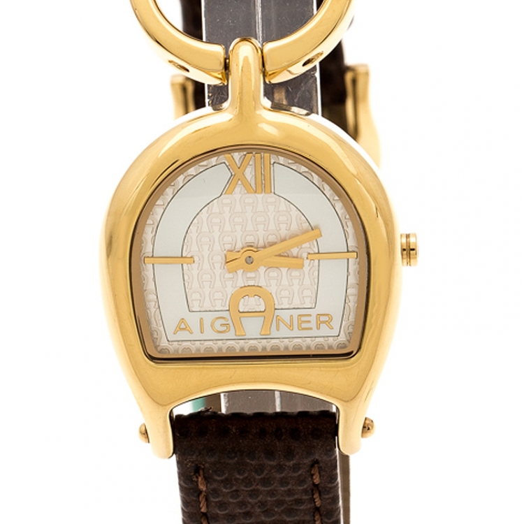 Pre Owned Aigner Mother of Pearl Yellow Gold Plated Stainless Steel Arte A32200 Women's Wristwatch 26 mm