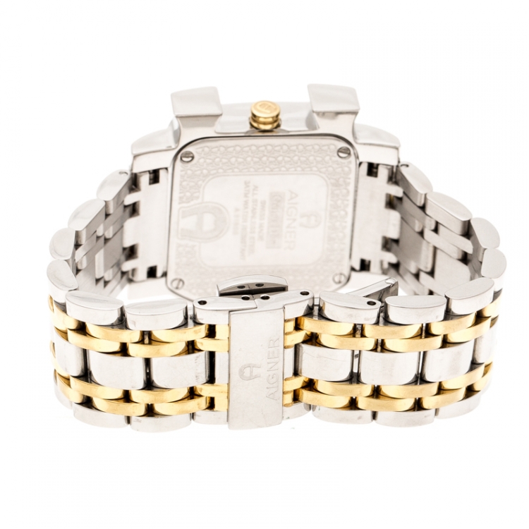 Pre Owned Aigner White Floral Two-Tone Stainless Steel Genua Due A31600 Women's Wristwatch 31 mm