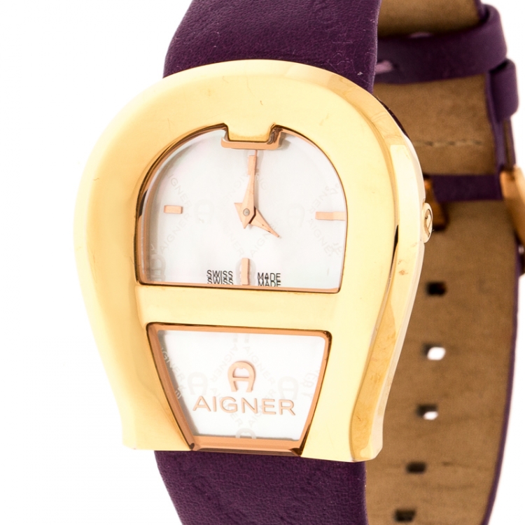 Pre Owned Aigner Mother of Pearl Gold Plated Stainless Steel Venezia Women's Wristwatch 36MM