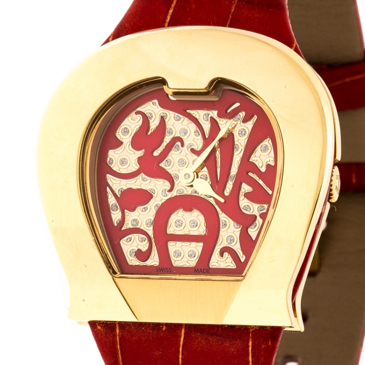 Pre Owned Aigner Red Gold Plated Stainless Steel L'Aquila A41200 Women's Wristwatch 36 mm