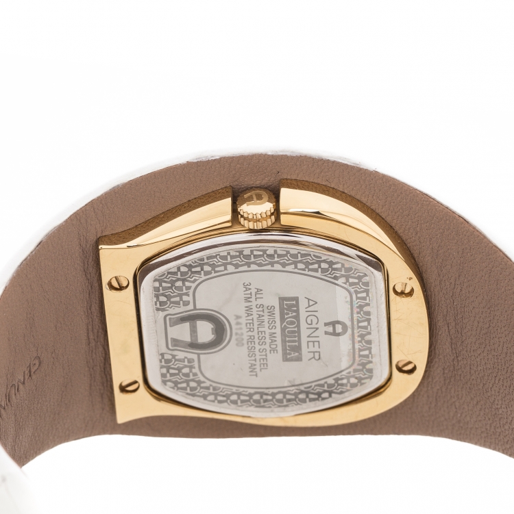 Pre Owned Aigner White Mother of Pearl Gold Plated Stainless Steel L'Aquila A41200 Women's Wristwatch 36 mm