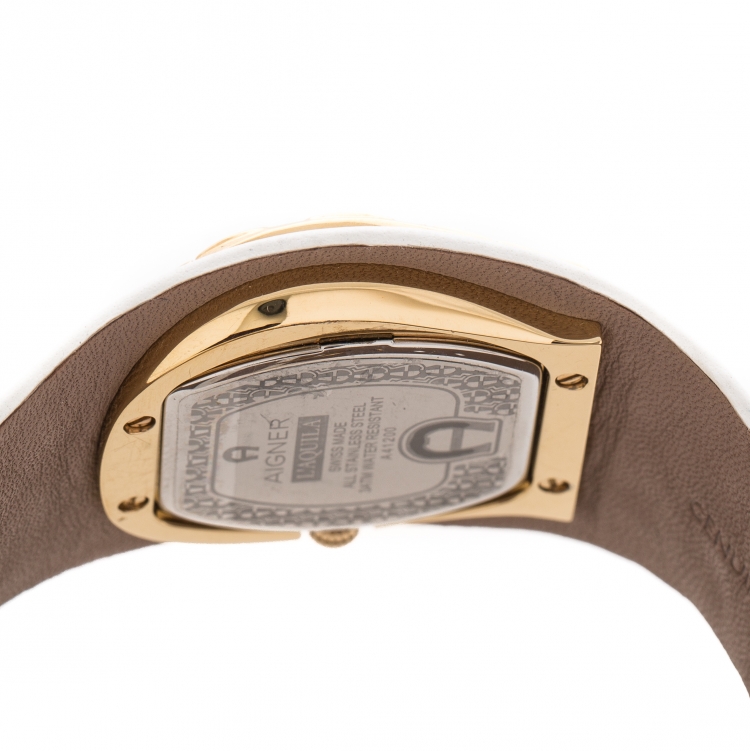 Pre Owned Aigner White Mother of Pearl Gold Plated Stainless Steel L'Aquila A41200 Women's Wristwatch 36 mm