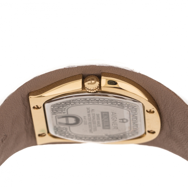 Pre Owned Aigner White Mother of Pearl Gold Plated Stainless Steel L'Aquila A41200 Women's Wristwatch 36 mm