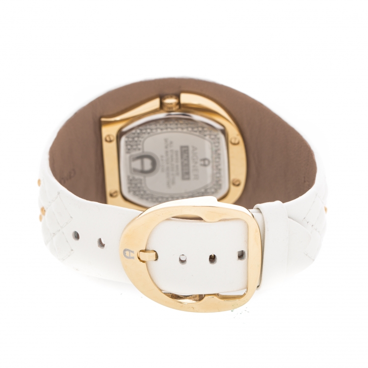 Pre Owned Aigner White Mother of Pearl Gold Plated Stainless Steel L'Aquila A41200 Women's Wristwatch 36 mm