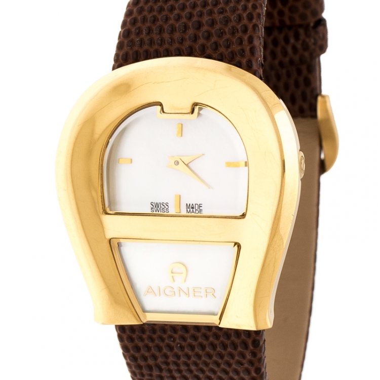 Pre Owned Aigner Mother of Pearl Gold Plated Stainless Steel Venezia A39200 Women's Wristwatch 36 mm