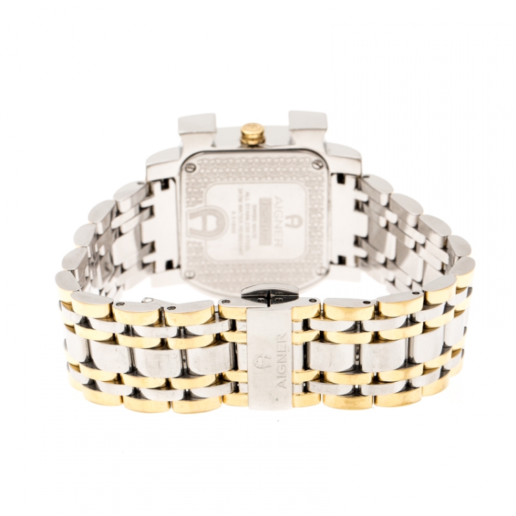 Pre Owned Aigner White Leaves Two-Tone Stainless Steel Genua Due A31600 Women's Wristwatch 31 mm