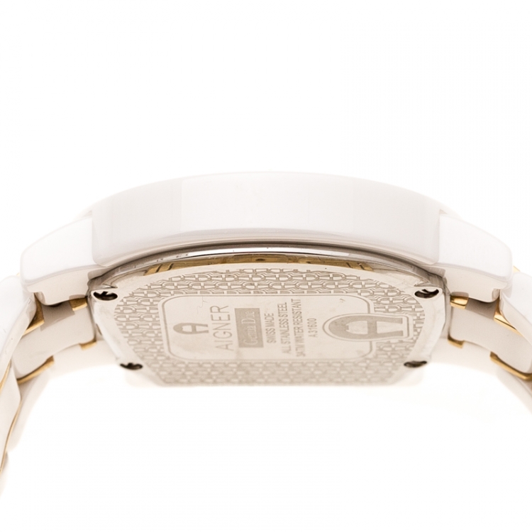 Pre Owned Aigner White Mother of Pearl Two Tone Stainless Steel Ceramic Genua Due A31600 Women's Wristwatch 33 mm