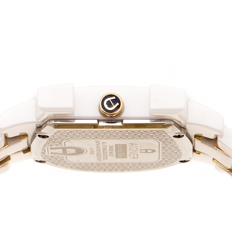 Pre Owned Aigner White Mother of Pearl Two Tone Stainless Steel Ceramic Genua Due A31600 Women's Wristwatch 33 mm
