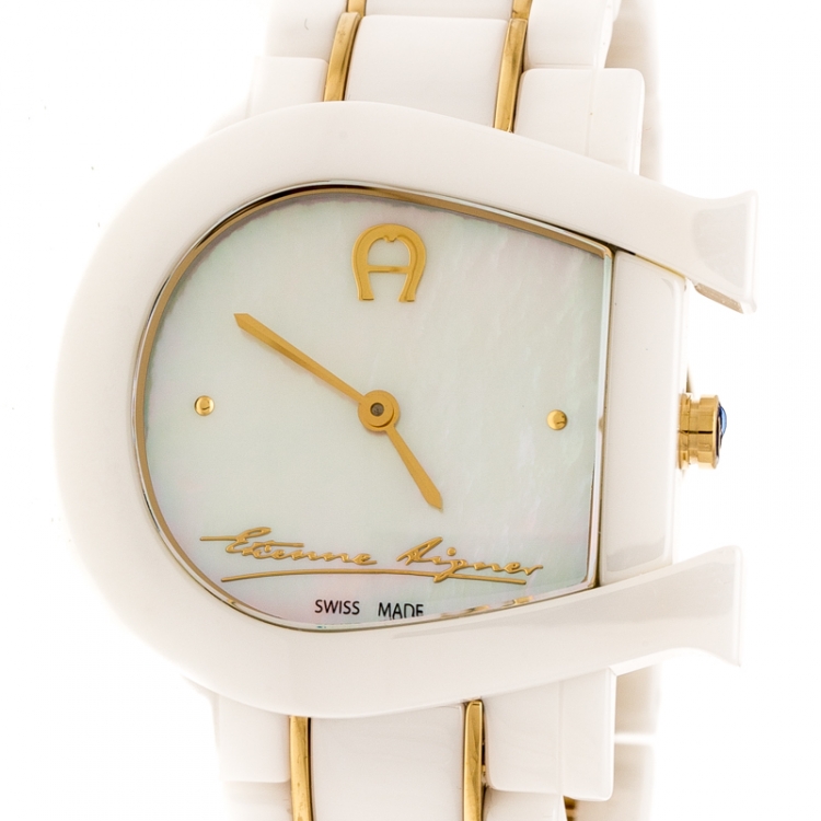 Pre Owned Aigner White Mother of Pearl Two Tone Stainless Steel Ceramic Genua Due A31600 Women's Wristwatch 33 mm