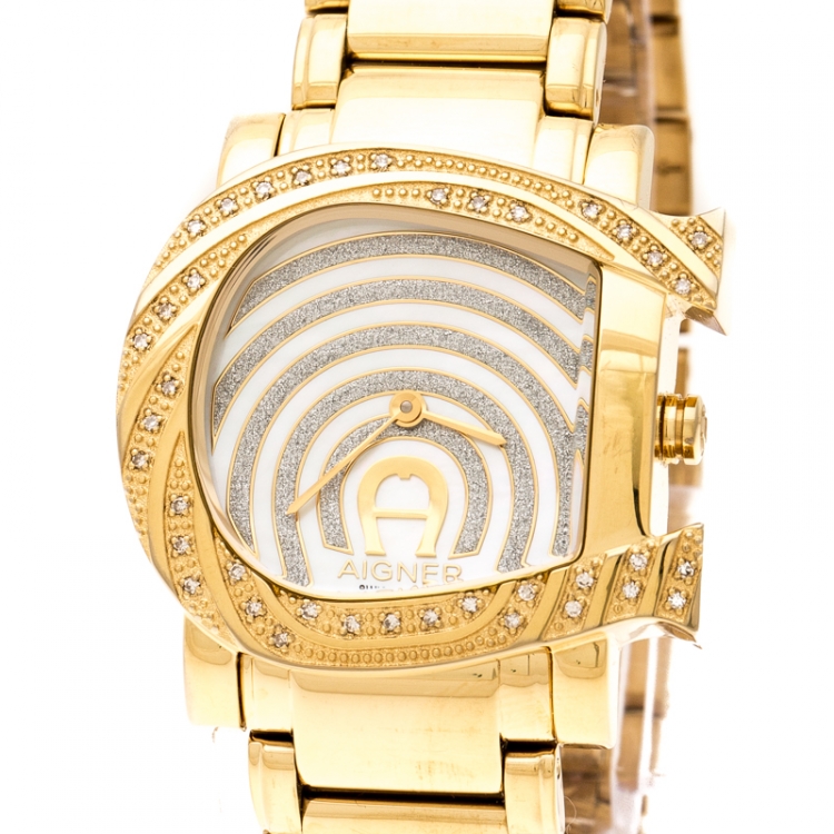 Pre Owned Aigner White Mother of Pearl Gold Plated Stainless Steel Diamonds Genua Due A31600 Women's Wristwatch 31 mm