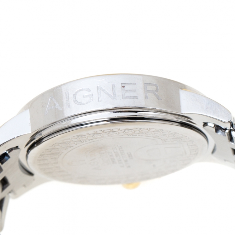 Pre Owned Aigner White Mother of Pearl Two-Tone Stainless Steel Diamonds Cortina A26300 Women's Wristwatch 36 mm