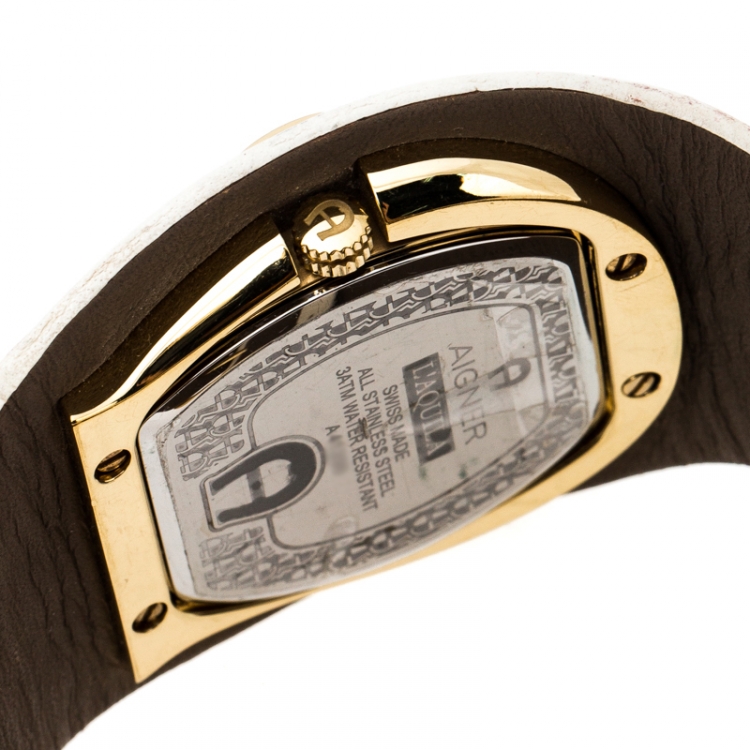Pre Owned Aigner White Mother of Pearl Gold Plated Stainless Steel L'Aquila A41200 Women's Wristwatch 36 mm