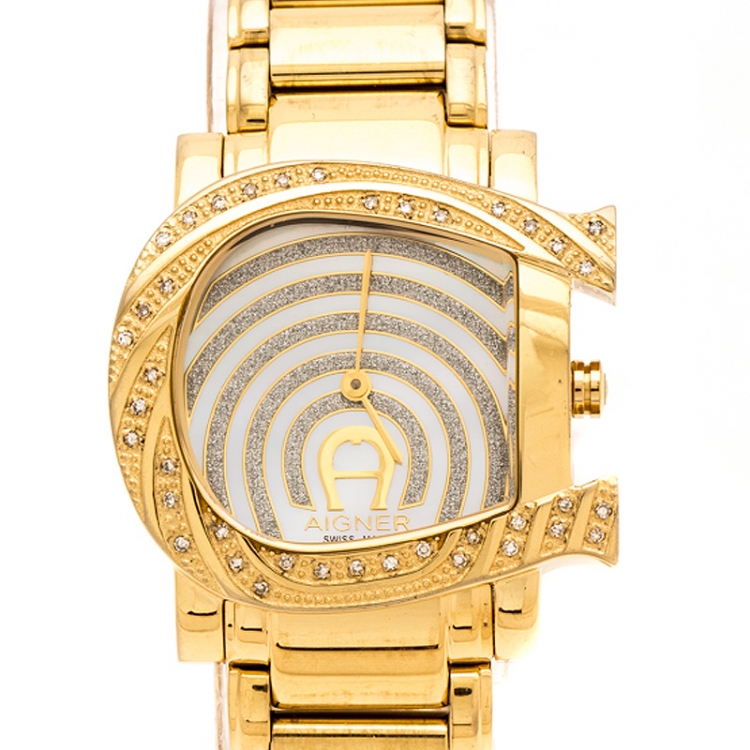Pre Owned Aigner White Mother of Pearl Gold Plated Stainless Steel Diamonds Genua Due A31600 Women's Wristwatch 31 mm