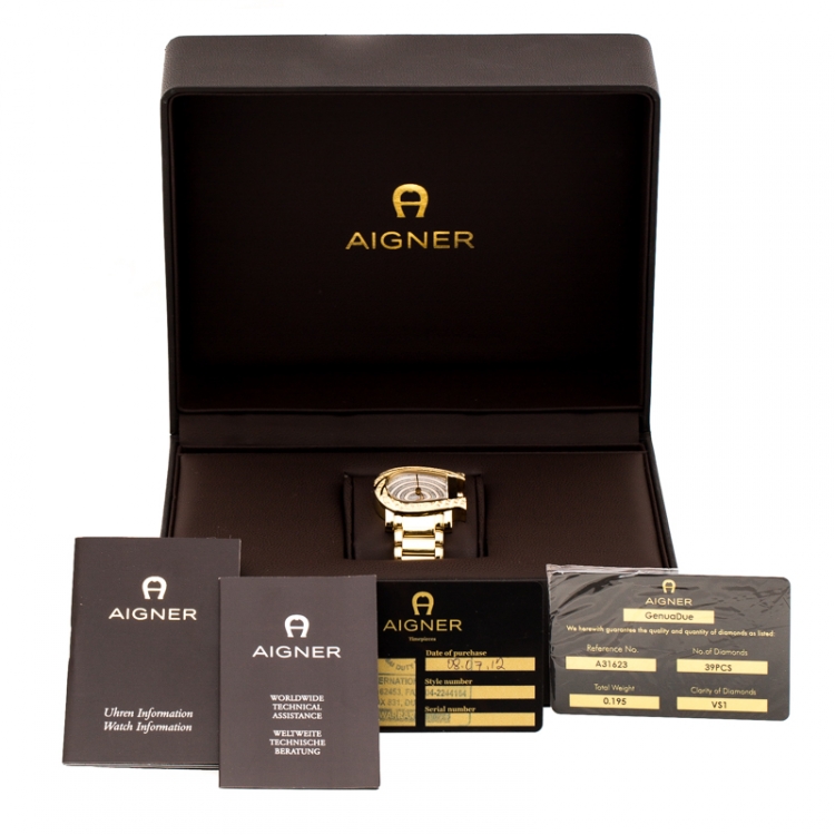 Pre Owned Aigner White Mother of Pearl Gold Plated Stainless Steel Diamonds Genua Due A31600 Women's Wristwatch 31 mm