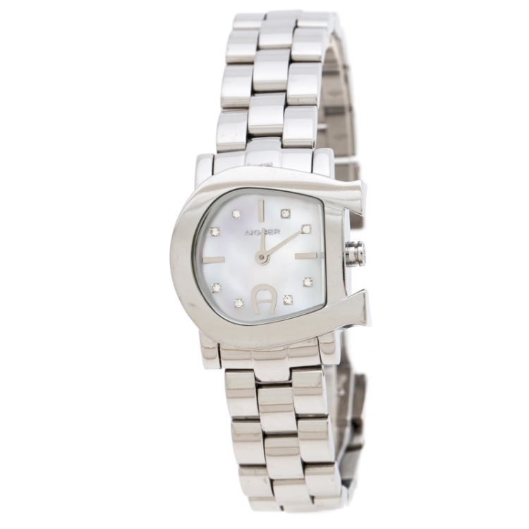 Pre Owned Aigner White Mother of Pearl Stainless Steel Genua Due A31000 Women's Wristwatch 26 mm
