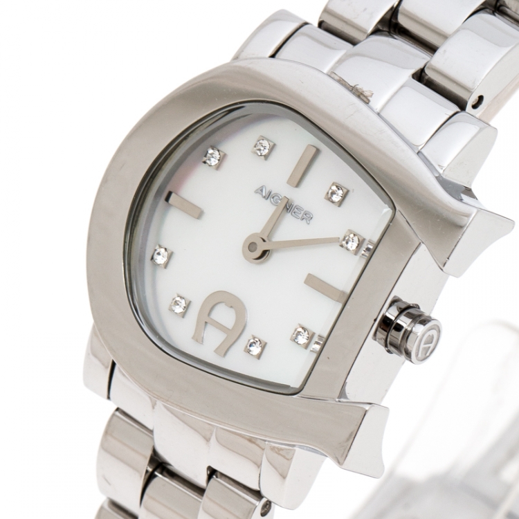 Pre Owned Aigner White Mother of Pearl Stainless Steel Genua Due A31000 Women's Wristwatch 26 mm