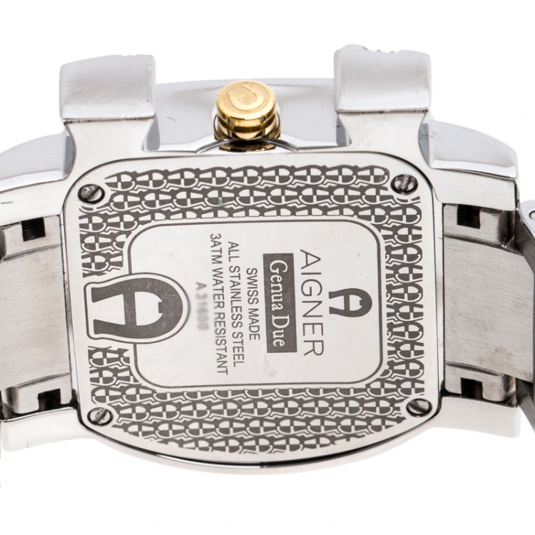Pre Owned Aigner White Mother of Pearl Two-Tone Stainless Steel Diamonds Genua Due A31600 Women's Wristwatch 31 mm