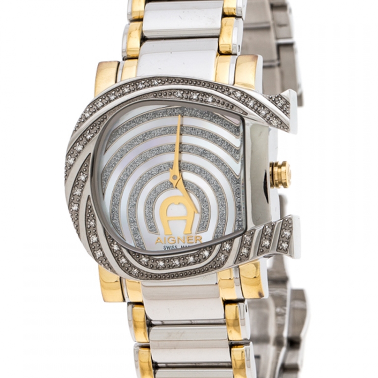 Pre Owned Aigner White Mother of Pearl Two-Tone Stainless Steel Diamonds Genua Due A31600 Women's Wristwatch 31 mm