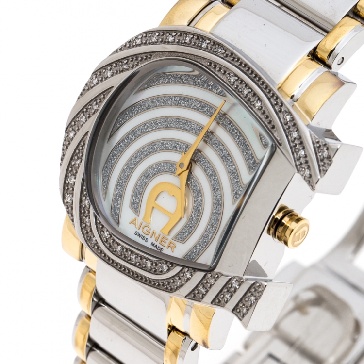 Aigner White Mother of Pearl Two Tone Stainless Steel Diamonds