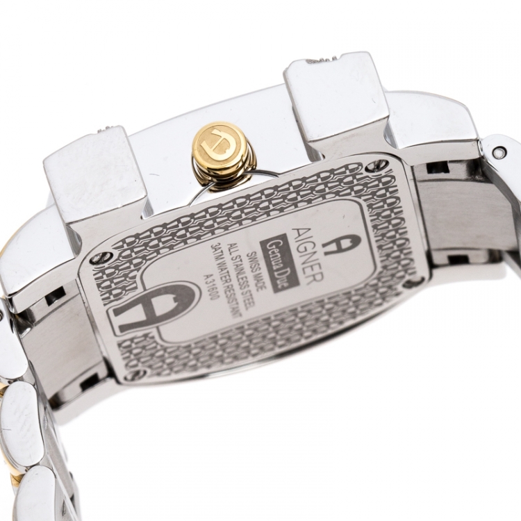Pre Owned Aigner White Mother of Pearl Two-Tone Stainless Steel Diamonds Genua Due A31600 Women's Wristwatch 31 mm