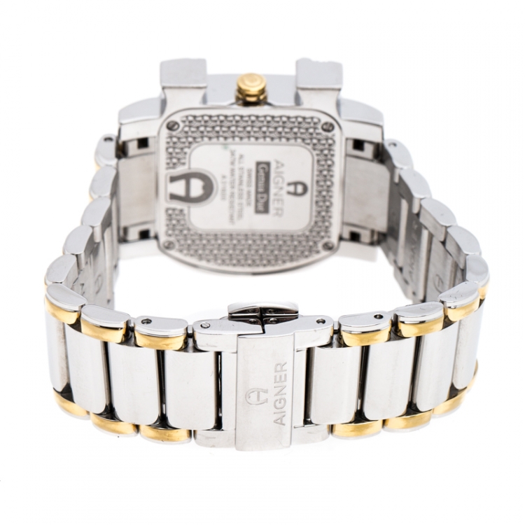Pre Owned Aigner White Mother of Pearl Two-Tone Stainless Steel Diamonds Genua Due A31600 Women's Wristwatch 31 mm