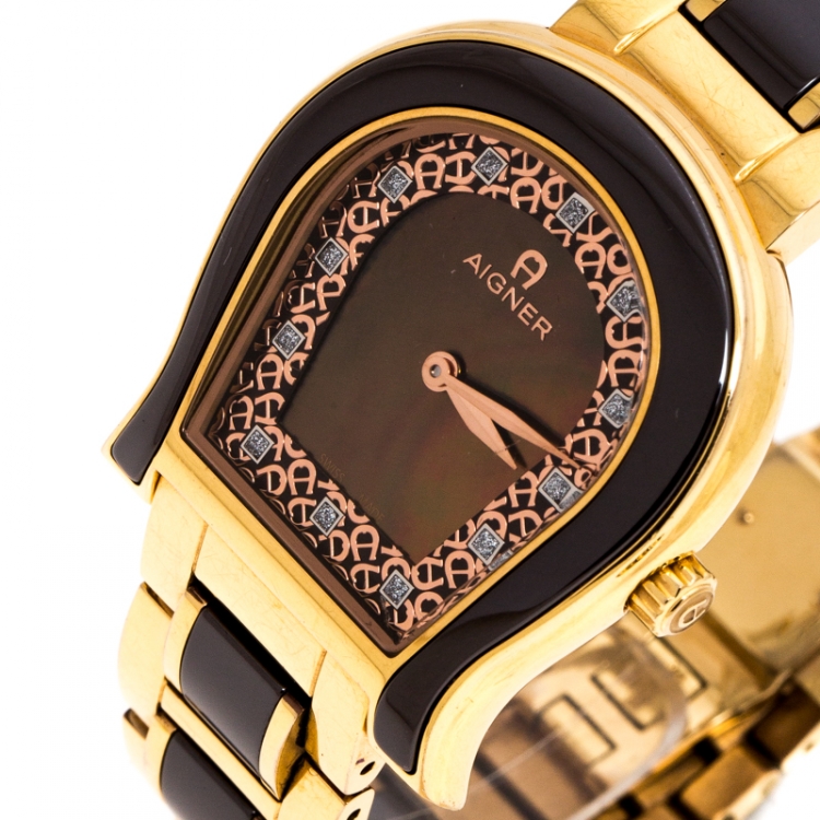 Pre Owned Aigner Brown Mother of Pearl Brown Ceramic Gold Plated Stainless Steel Altamura A56000 Women's Wristwatch 34 mm