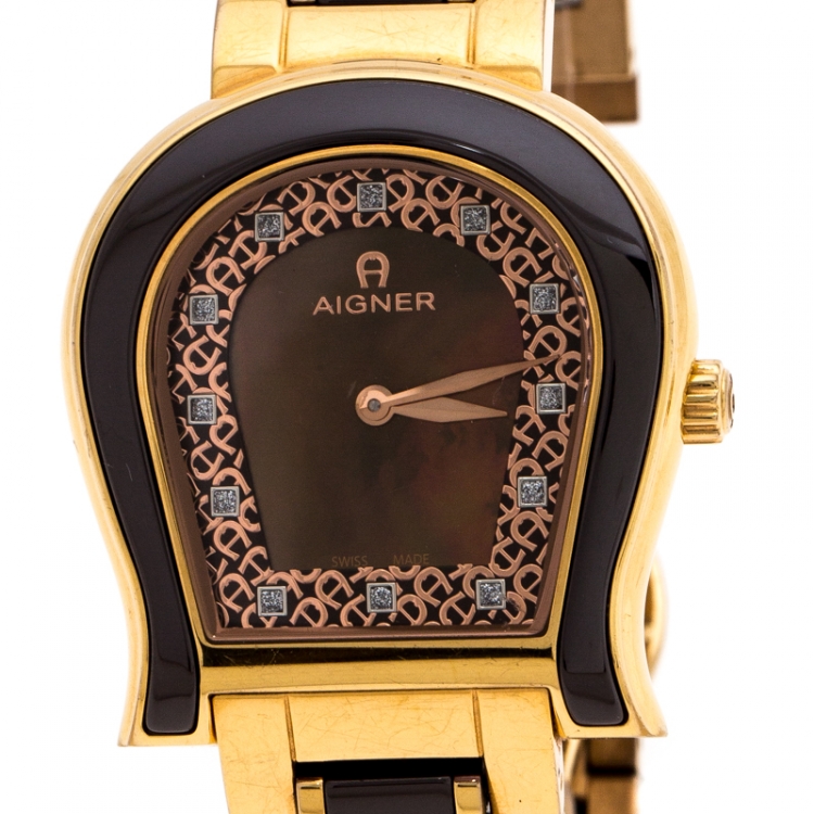Pre Owned Aigner Brown Mother of Pearl Brown Ceramic Gold Plated Stainless Steel Altamura A56000 Women's Wristwatch 34 mm