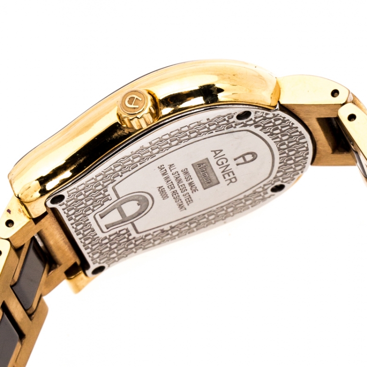 Pre Owned Aigner Brown Mother of Pearl Brown Ceramic Gold Plated Stainless Steel Altamura A56000 Women's Wristwatch 34 mm