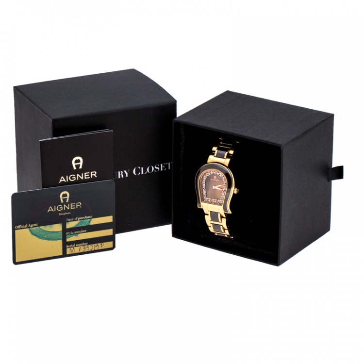 Pre Owned Aigner Brown Mother of Pearl Brown Ceramic Gold Plated Stainless Steel Altamura A56000 Women's Wristwatch 34 mm