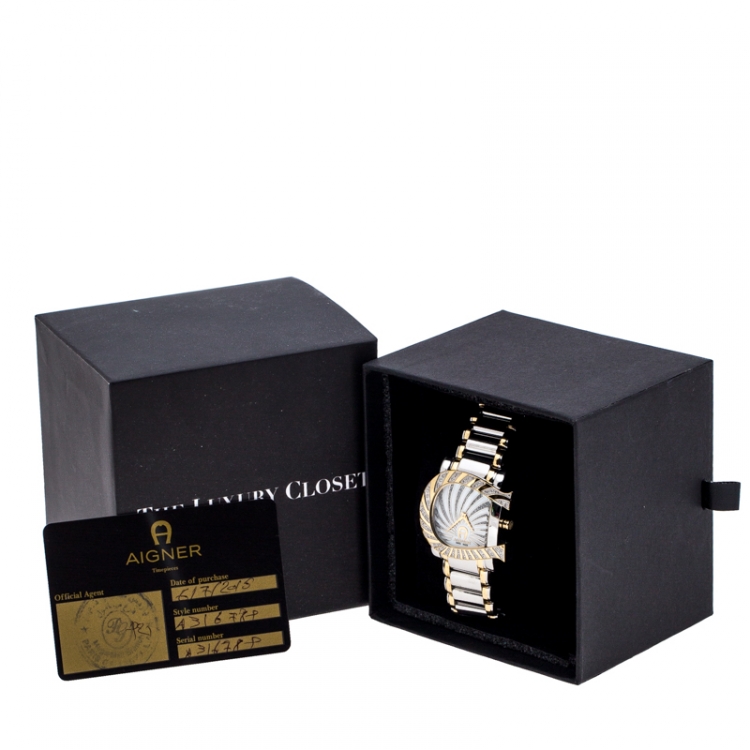 Pre Owned Aigner  Mother of Pearl Two-Tone Stainless Steel Diamonds Genua Due A31600 Women's Wristwatch 31 mm