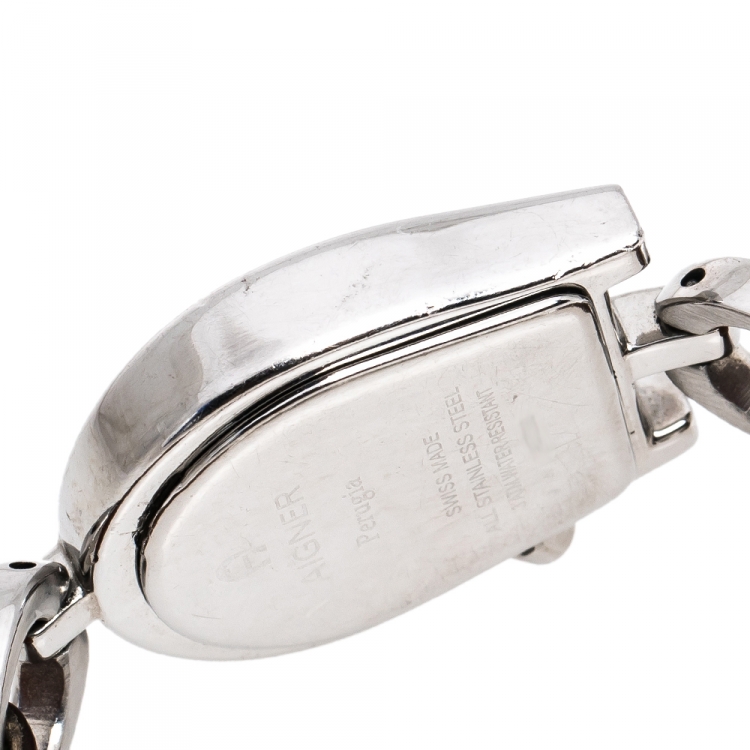 Pre Owned Aigner Black Stainless Steel Leather Perugia A07200 Women's Wristwatch 24.50 mm