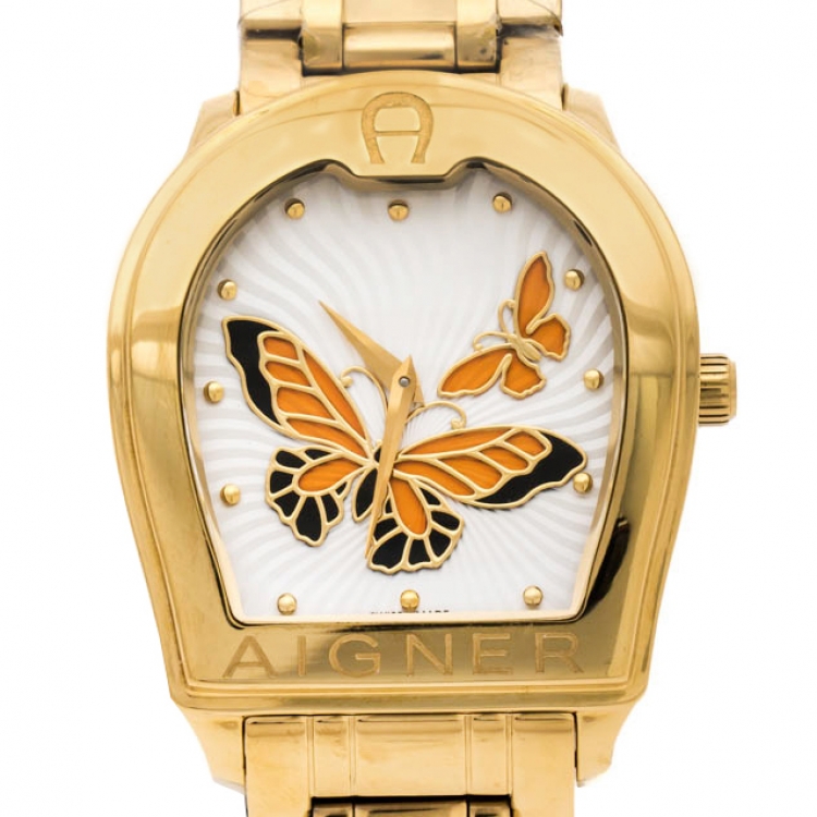 Pre Owned Aigner Silver Orange Butterfly Motif Gold Plated Stainless Steel Verona A48300 Women's Wristwatch 36 mm