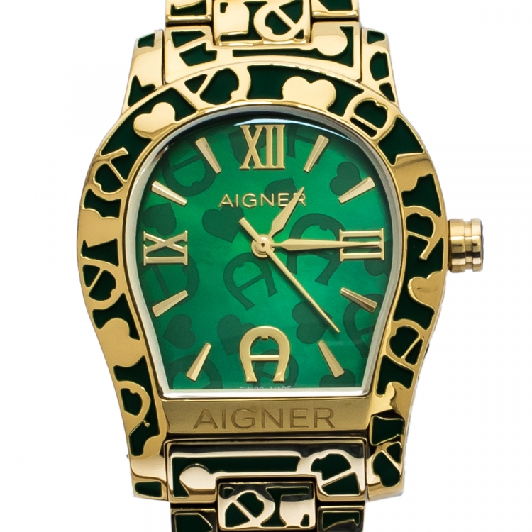 Pre Owned Aigner Green Gold Tone Stainless Steel Faenza A134300 Women's Wristwatch 34 mm