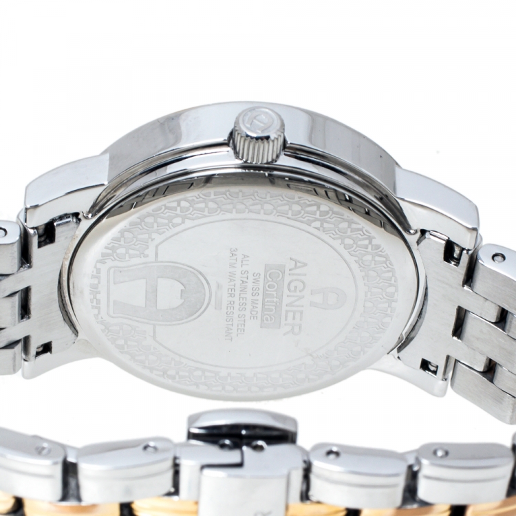 Pre Owned Aigner Silver Two-Tone Stainless Steel Cortina A26300 Women's Wristwatch 35 mm