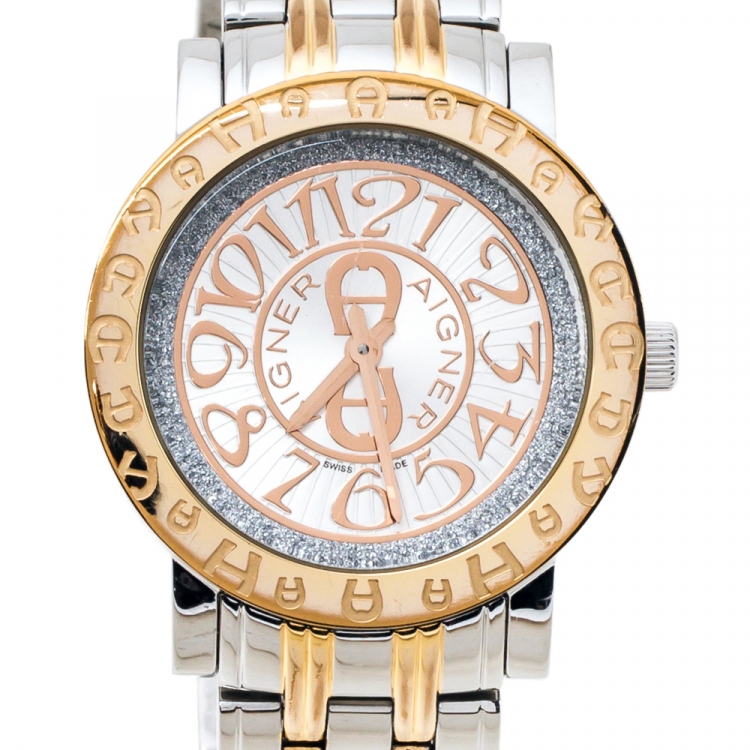 Pre Owned Aigner Silver Two-Tone Stainless Steel Cortina A26300 Women's Wristwatch 35 mm