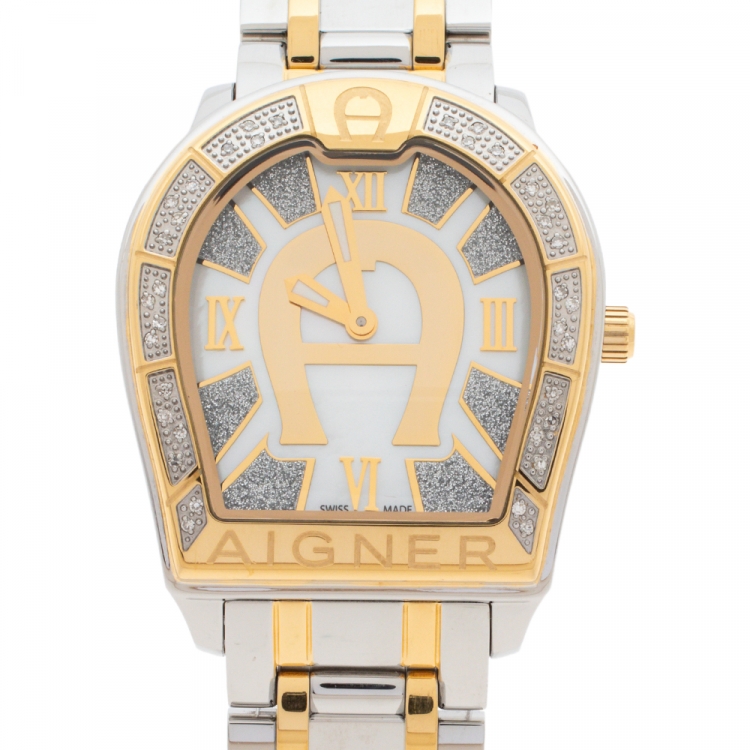 Pre Owned Aigner Mother of Pearl Two-Tone Stainless Steel Diamond Verona A48100 Women's Wristwatch 32MM