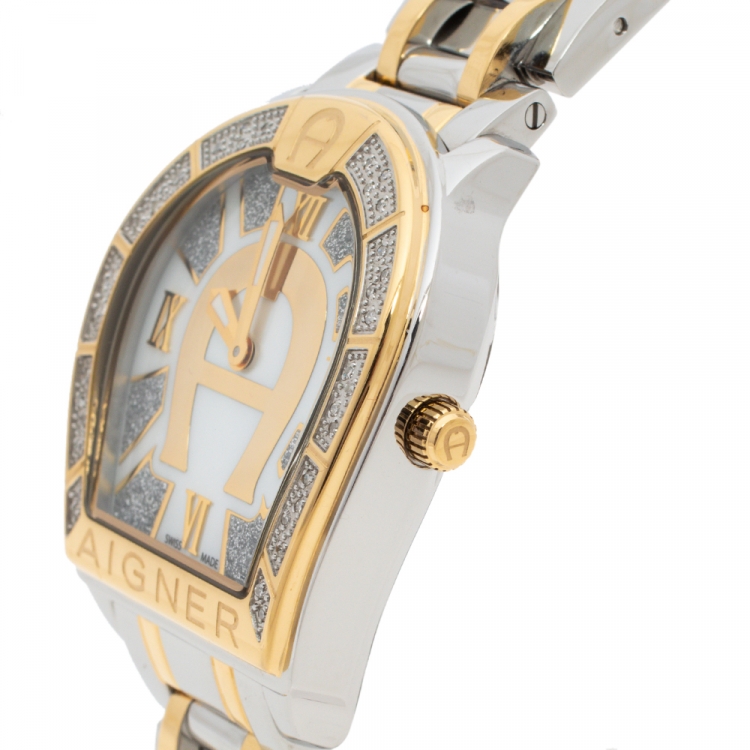 Pre Owned Aigner Mother of Pearl Two-Tone Stainless Steel Diamond Verona A48100 Women's Wristwatch 32MM