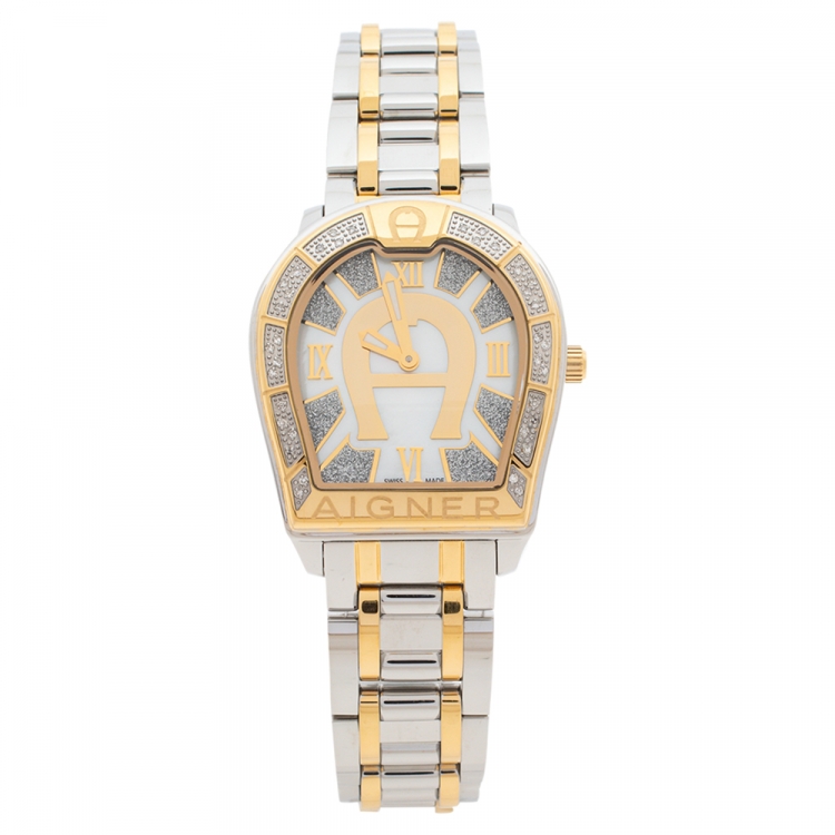 Pre Owned Aigner Mother of Pearl Two-Tone Stainless Steel Diamond Verona A48100 Women's Wristwatch 32MM