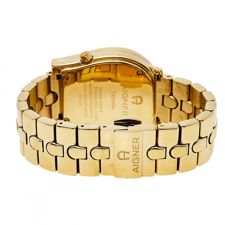 Pre Owned Aigner Yellow Gold Plated Stainless Steel Diamonds Verona A01100 Women's Wristwatch 33 mm
