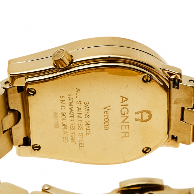 Pre Owned Aigner Yellow Gold Plated Stainless Steel Diamonds Verona A01100 Women's Wristwatch 33 mm