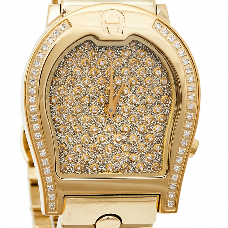 Pre Owned Aigner Yellow Gold Plated Stainless Steel Diamonds Verona A01100 Women's Wristwatch 33 mm